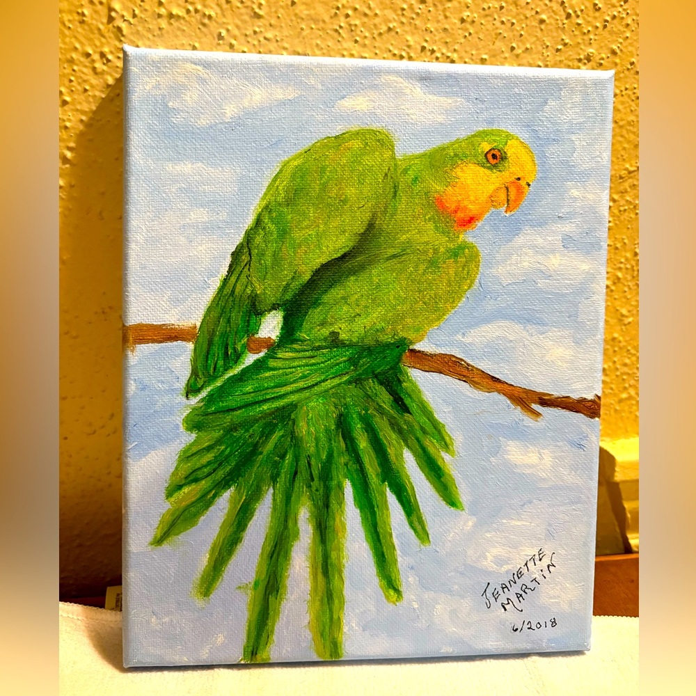 One of a Kind Oil Painting of a Green Parrot